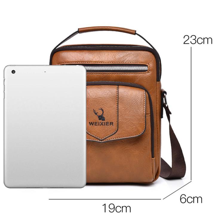 Men's retro shoulder bag with flap front pocket, top zip closure, brown leather look