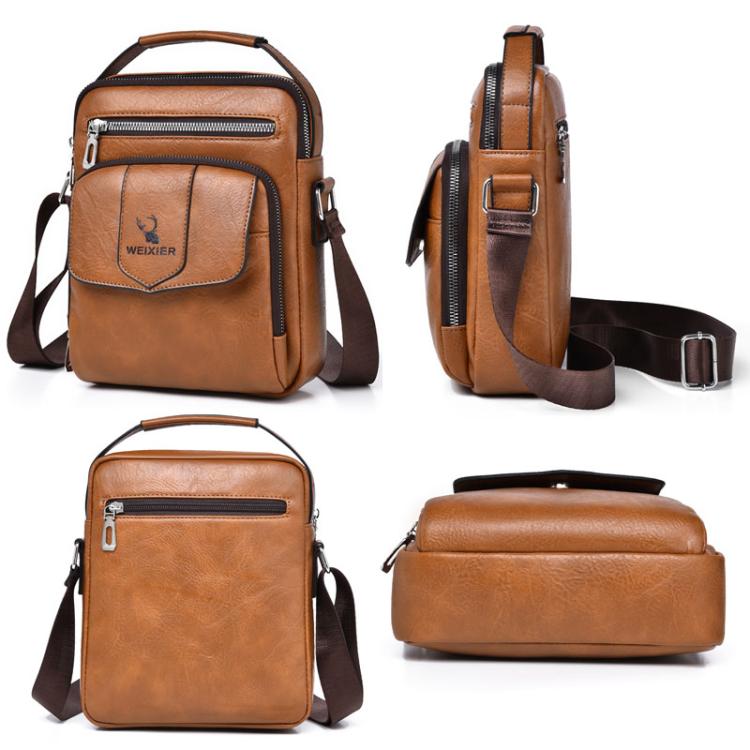 Men's brown shoulder bag with front flap pocket, top handle, and adjustable crossbody strap