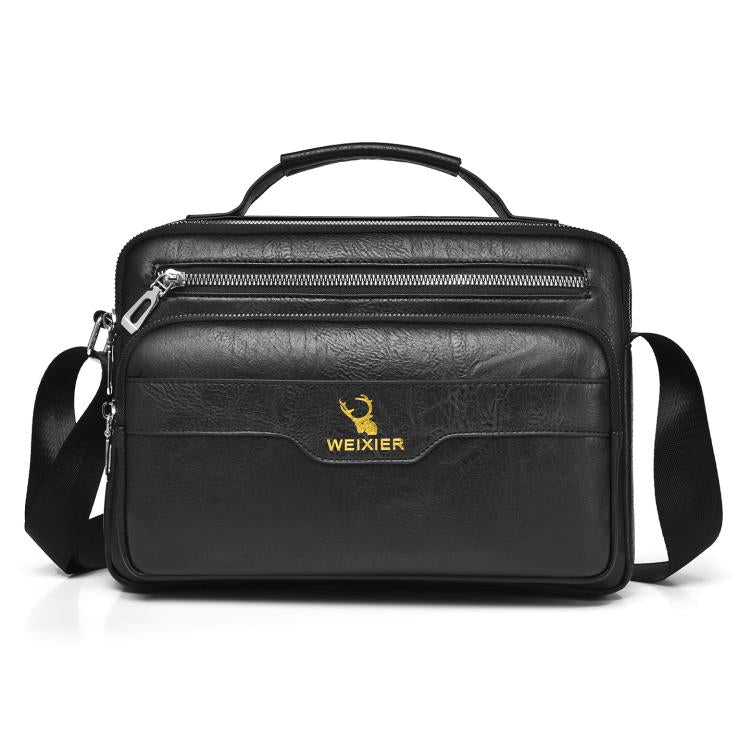 Black PU men’s business shoulder bag with top handle, front zip pocket, and crossbody strap