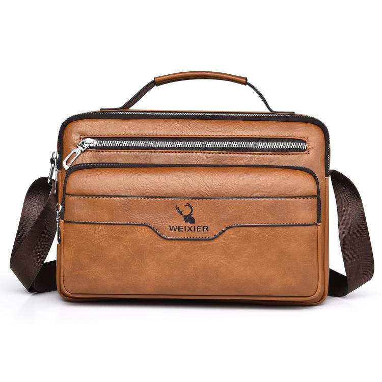 Light brown PU men’s business shoulder bag with top handle, front zip pocket, and crossbody strap