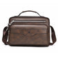 Dark brown PU men’s business shoulder bag with top handle, front zip pocket, and crossbody strap