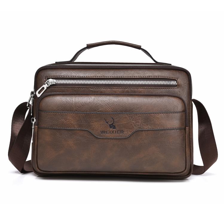 Dark brown PU men’s business shoulder bag with top handle, front zip pocket, and crossbody strap