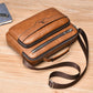 Tan PU men’s crossbody bag with dual zipper compartments and adjustable shoulder strap