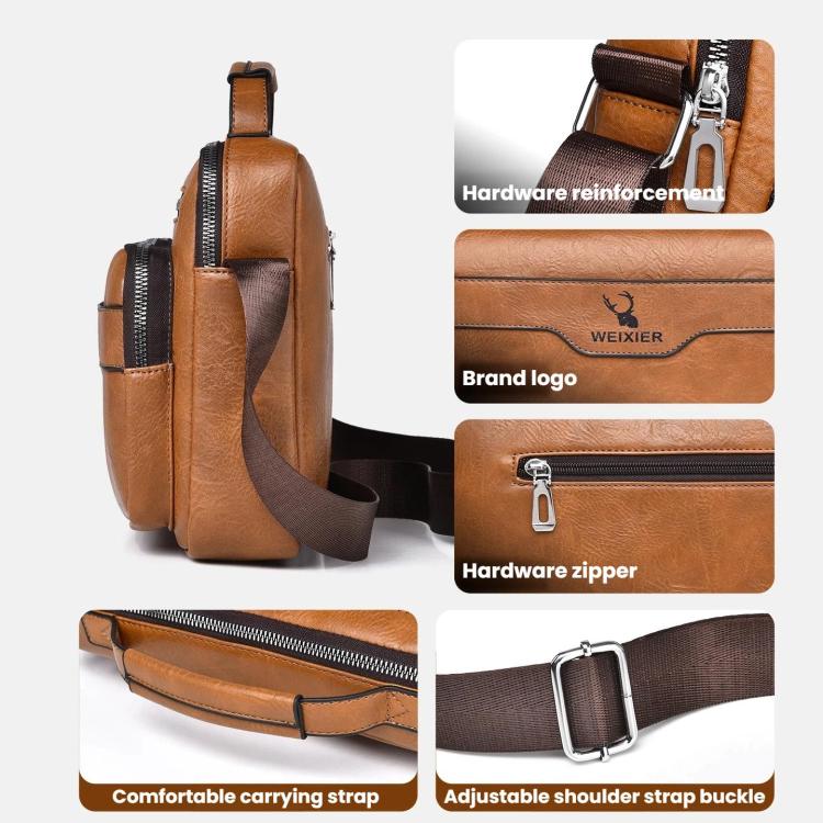 Tan PU crossbody bag side view with sturdy handle, layered front pockets, and zip details