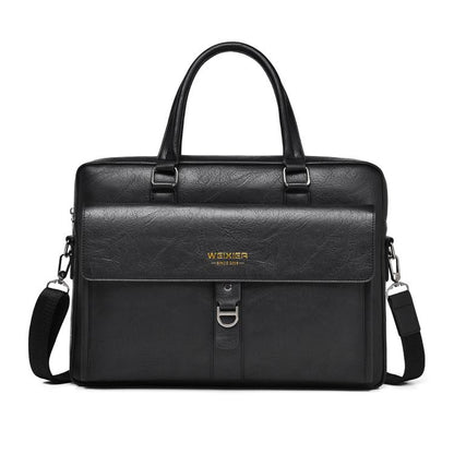 Men's vintage business tote bag in black with double handles and front buckle pocket