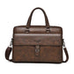 Men's vintage business tote bag in dark brown with top handles and front buckle pocket