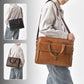 Men's vintage business tote bag in tan with adjustable shoulder strap and top handle
