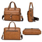 Men's vintage business tote bag in tan with handles, shoulder strap, and front buckle