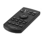 Black car audio DVD remote controller, angled top view with many function buttons
