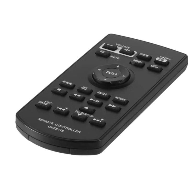 Black car audio DVD remote controller, angled top view with many function buttons