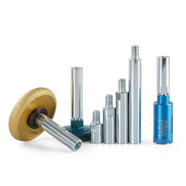 Metal angle grinder extension shaft set with threaded ends and blue coupler