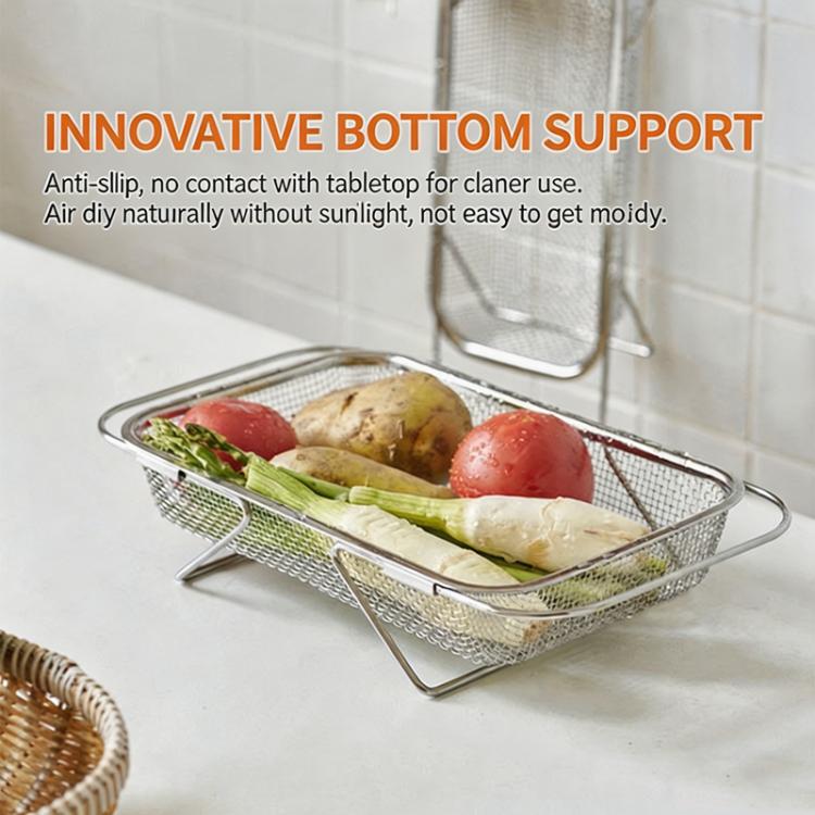 Expandable sink colander strainer, fine mesh basket holding vegetables, metal stand