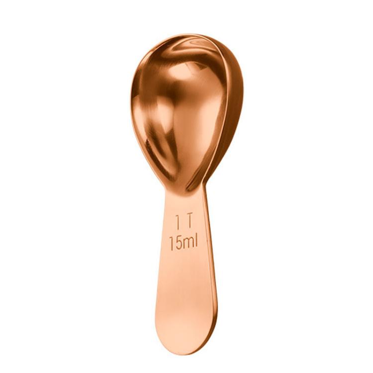 Rose gold coffee measuring spoon with 15ml scale markings, oval bowl and long handle
