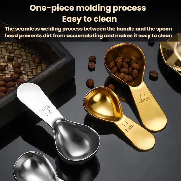 Coffee measuring spoons with 15ml scale, seamless one-piece style shown in silver and gold