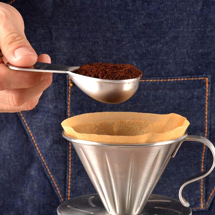 Stainless steel 15ml coffee measuring spoon with handle and scooped bowl, interior scale