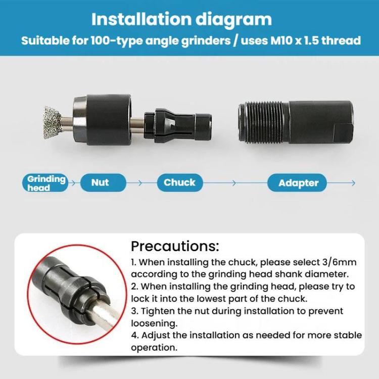 Adapter installation diagram showing grinding head, nut, chuck, and adapter parts