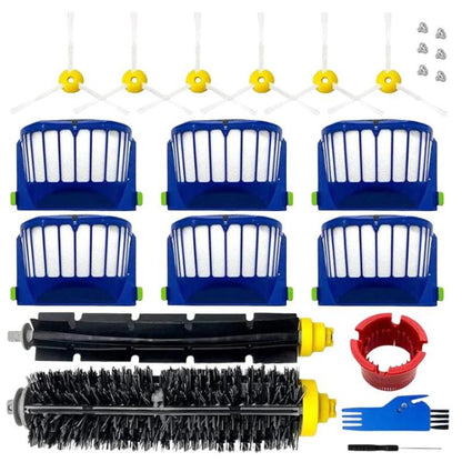 Roomba accessory kit with blue filter brushes, side brush, roller brush, and red cleaning tool