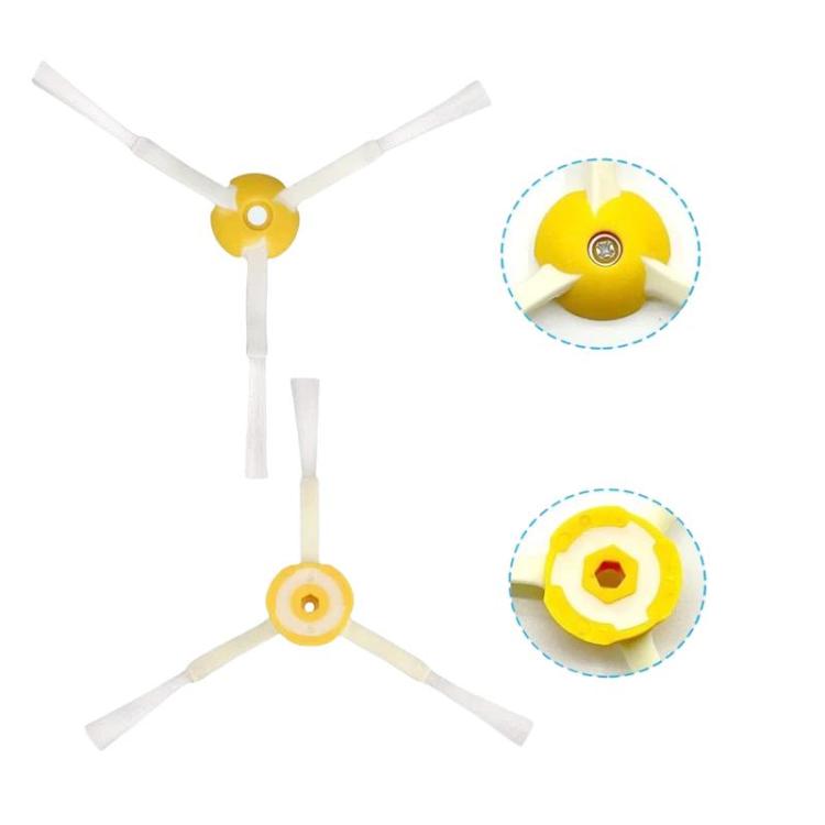 Yellow three-blade side brush with mounting center, replacement accessory for Roomba sweepers