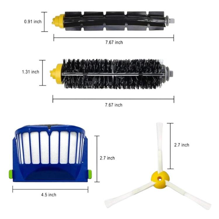 Measured dimensions for blue filter, black roller brush, and yellow three-blade side brush
