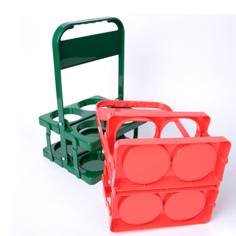 Red foldable 4-hole bottle carrier with handle, collapsible plastic drink holder