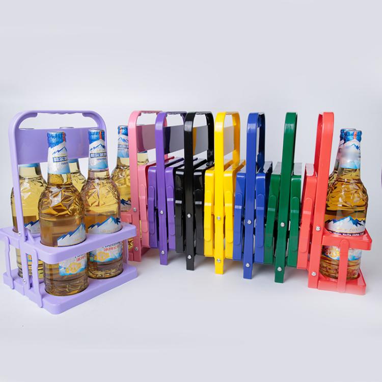 Assorted-color set of foldable 4-hole bottle carriers with handles, collapsible plastic