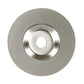 Circular emery grinding disc with central hole and brushed metal hub ring, silver-gray