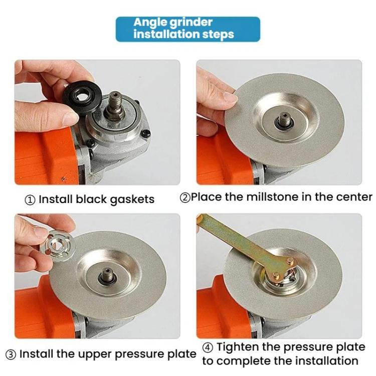 Grinding disc installation on an angle grinder, showing center mounting hardware