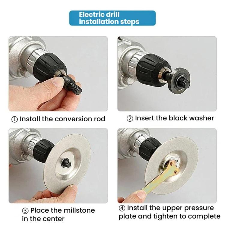 Emery angle grinder grinding disc with mounting adapter, shown in installation steps