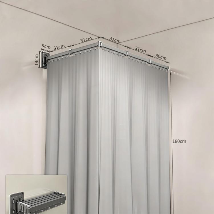 Grey foldable shower curtain partition with angled ceiling rail and pleated panels