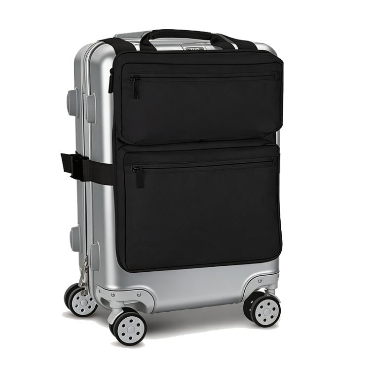 Black luggage attachment organizer bag with two zippered front compartments