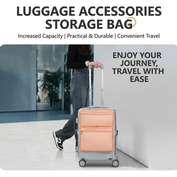 Apricot luggage attachment organizer bag mounted on a rolling suitcase