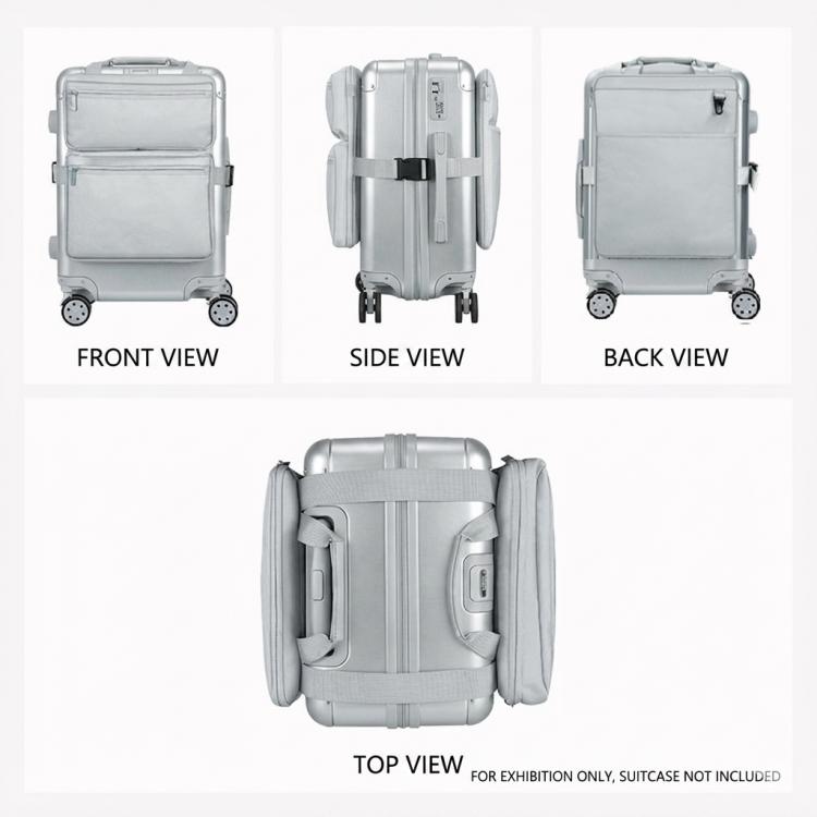 Gray luggage attachment organizer bag shown from front, side, and back views