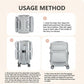Gray luggage attachment organizer bag demonstrated attached to a rolling suitcase