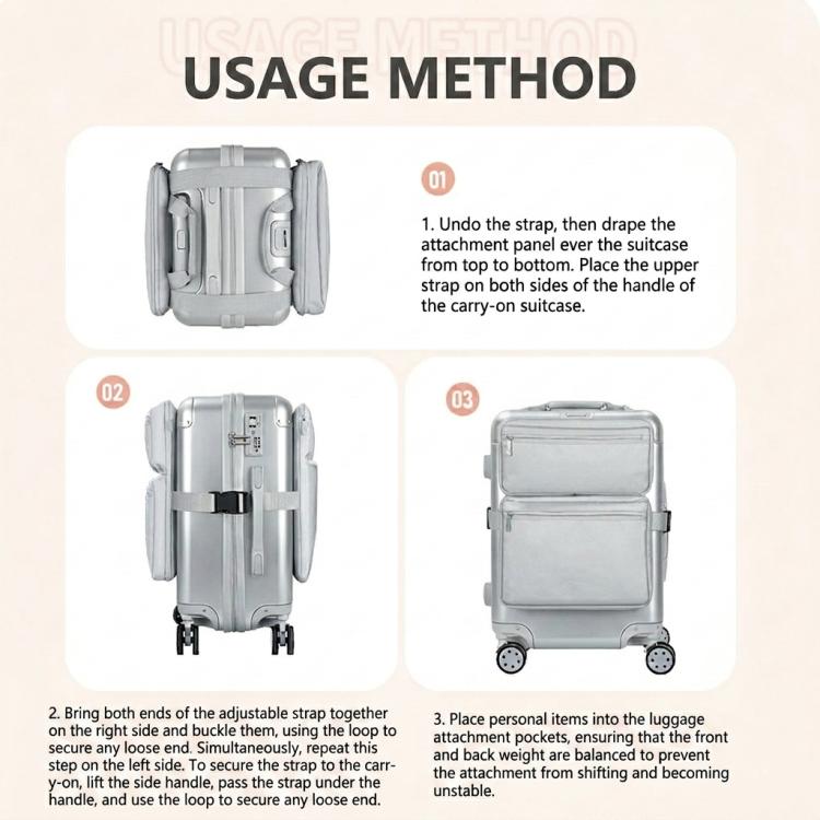 Gray luggage attachment organizer bag demonstrated attached to a rolling suitcase