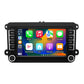 Black 7-inch in-dash navigation touchscreen with shortcut icons for phone, music, maps, and messages