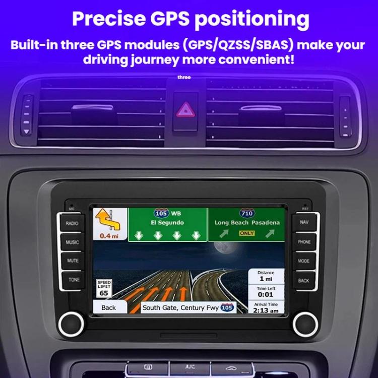 7-inch in-car navigation screen showing a route view in the dashboard console