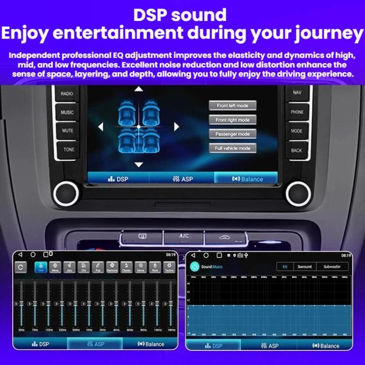 7-inch car navigation display with DSP sound mode settings and audio equalizer visuals