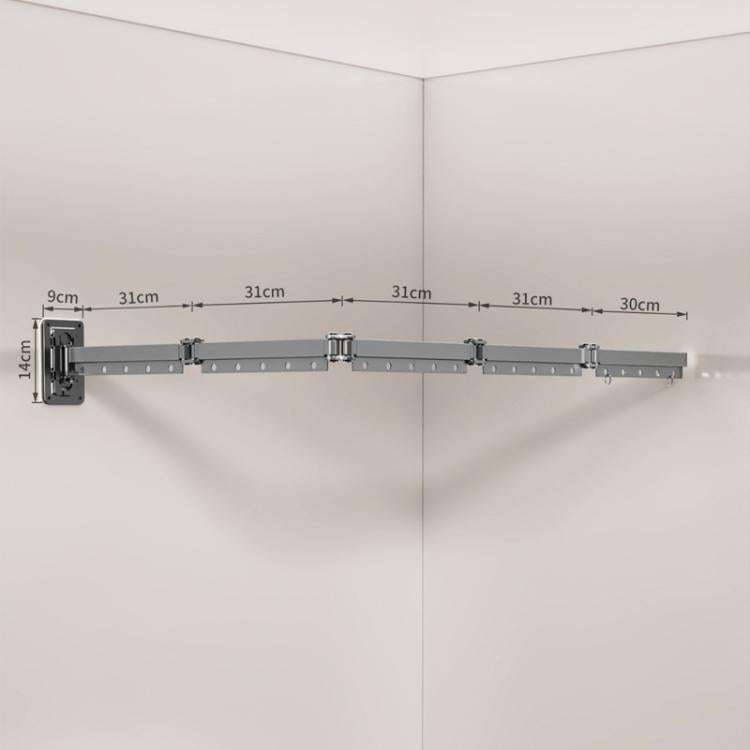 Grey retractable folding clothes drying rack, bar with 5 folding sections and wall brackets