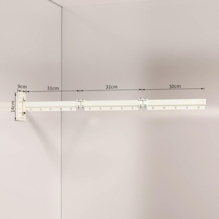 White retractable folding clothes drying rack, bar with 3 folding sections and wall brackets