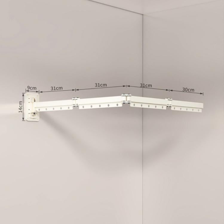 White retractable folding clothes drying rack, bar with 4 folding sections and wall brackets