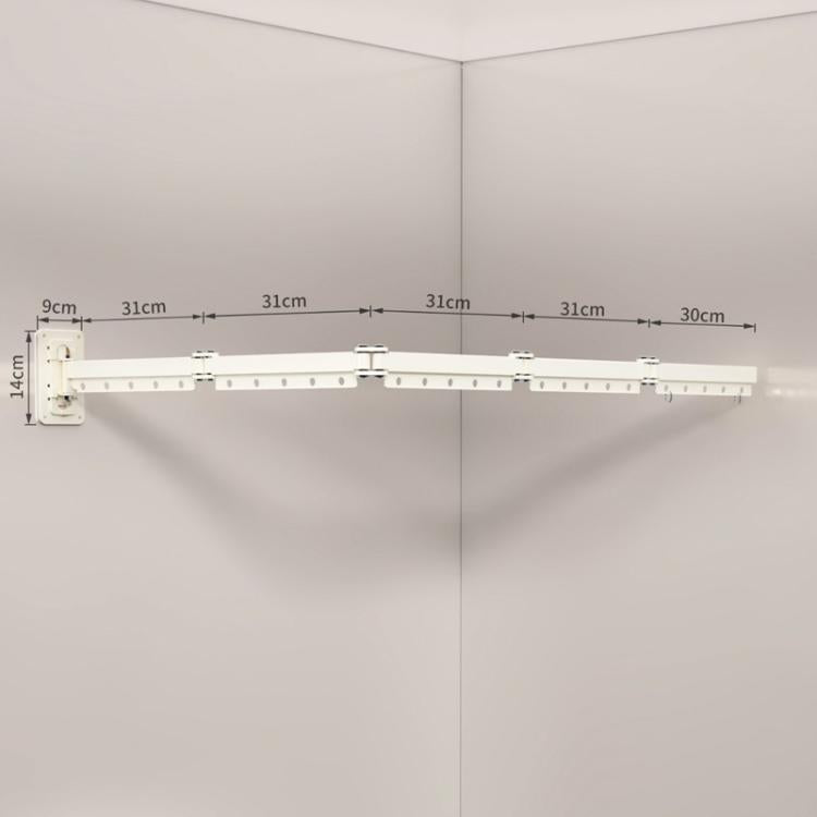 White retractable folding clothes drying rack, bar with 5 folding sections and wall brackets