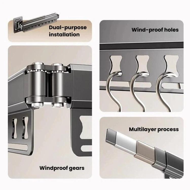 Retractable clothes drying rack with windproof hooks, bracket mount, and multi-layer rail