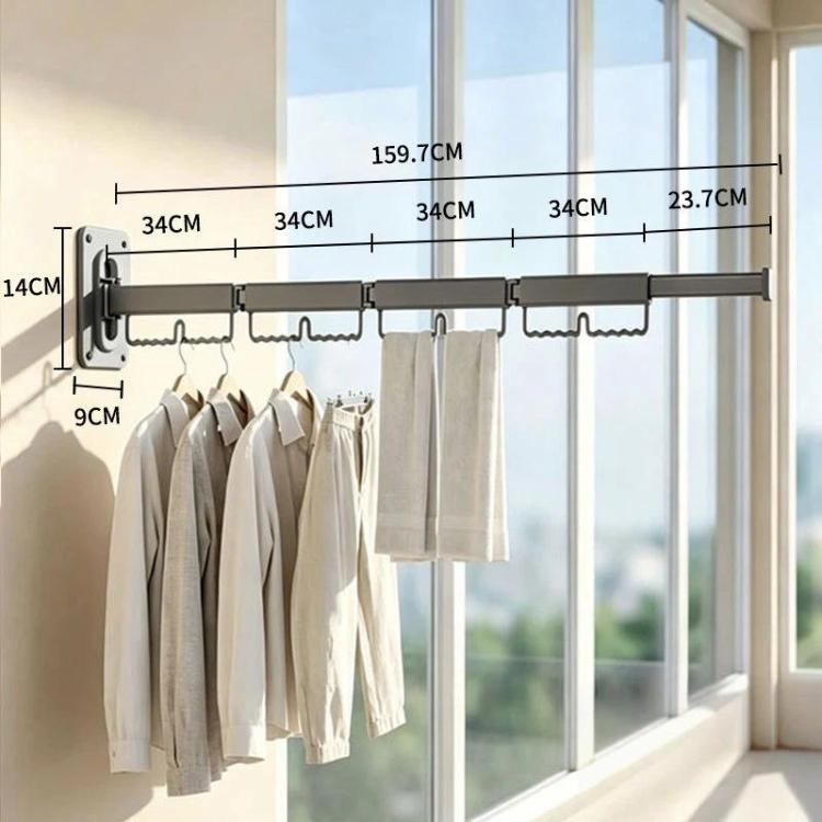 4-fold wall-mounted drying rack with retractable gray rod and hanging hooks