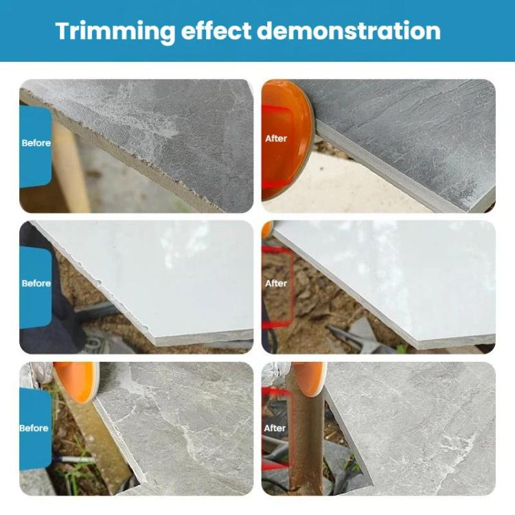 Diamond grinding disc trimming tile edges, showing before and after finish