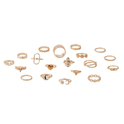 19pcs /Set Vintage Heart Flower Chain Ring Set