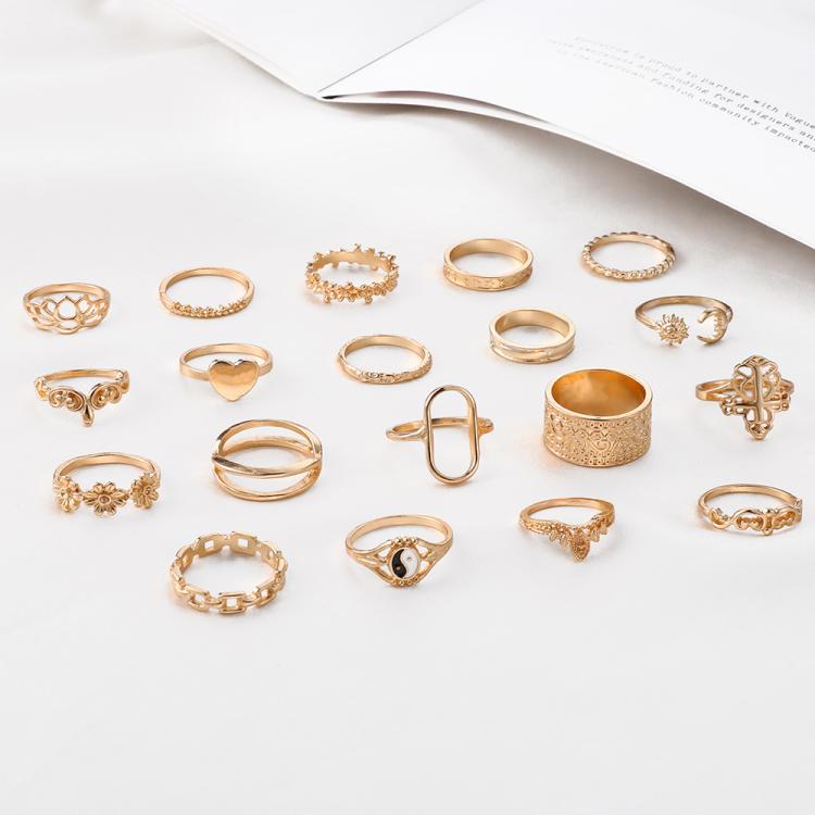 19pcs /Set Vintage Heart Flower Chain Ring Set