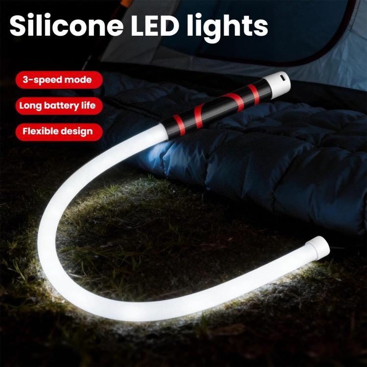 Flexible silicone LED light strip flashlight with bright white curved glow and red accents