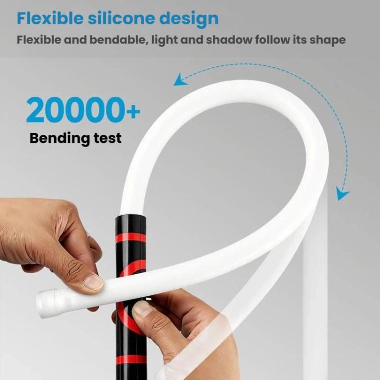 Flexible silicone LED light strip bent into a curve by a hand, white glowing tube