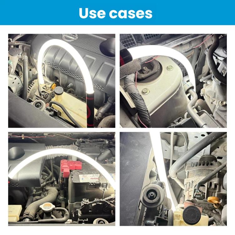 Flexible LED light strip used in car engine compartments, showing white light arcs
