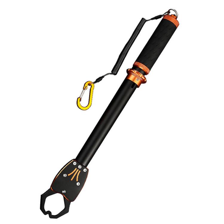 Heavy-duty fish gripper lure pliers with black shaft, orange aluminum grip, spring hook.